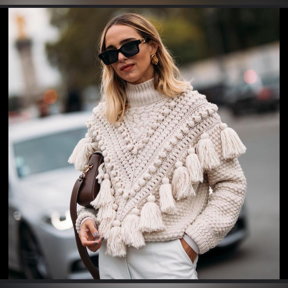 SOLD-Zimmermann Kaleidoscope Natural Crochet Tassel Pom Embellished Wool Sweater - Picture 8 of 9
